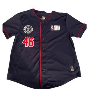 NBA Basketball Jersey Shirt #46 Men L Navy Blue Button Warm Up Short Sleeve Logo